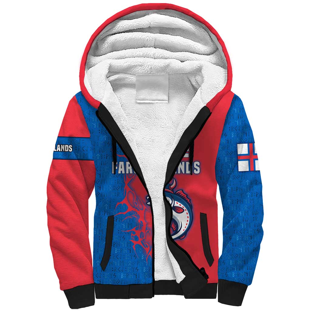 Faroe Islands Sherpa Hoodie with Viking Fish Illustration Red Blue Runic Design - Wonder Print Shop