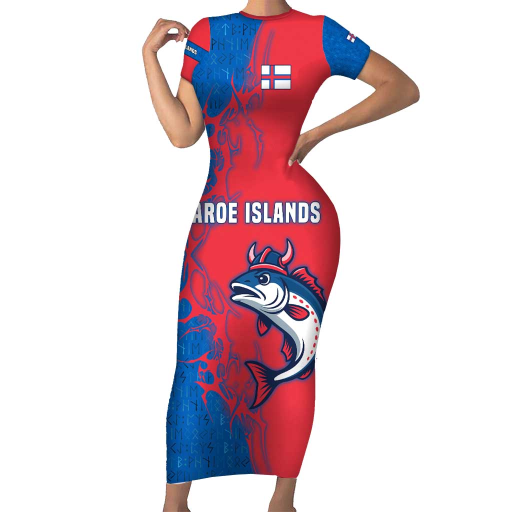 Faroe Islands Short Sleeve Bodycon Dress with Viking Fish Illustration Red Blue Runic Design - Wonder Print Shop