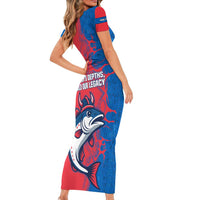 Faroe Islands Short Sleeve Bodycon Dress with Viking Fish Illustration Red Blue Runic Design - Wonder Print Shop