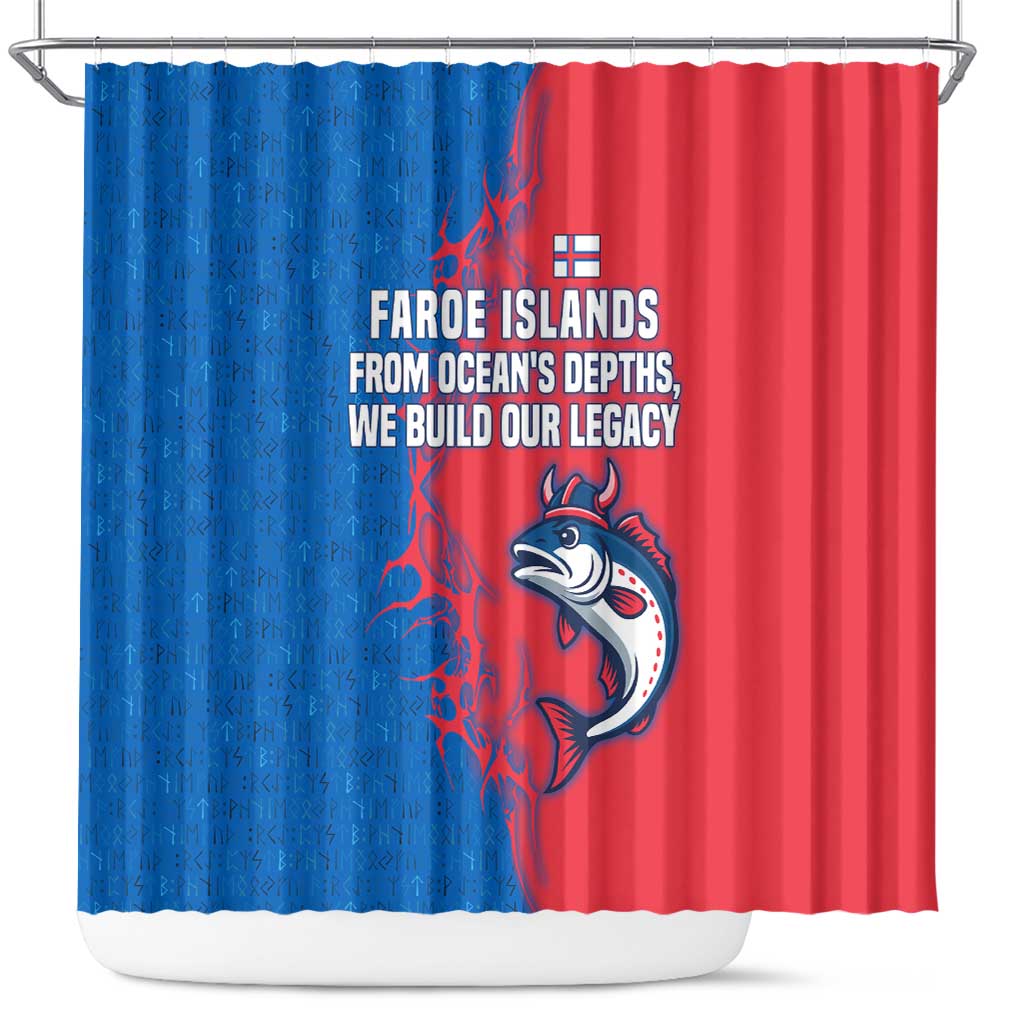 Faroe Islands Shower Curtain with Viking Fish Illustration Red Blue Runic Design - Wonder Print Shop