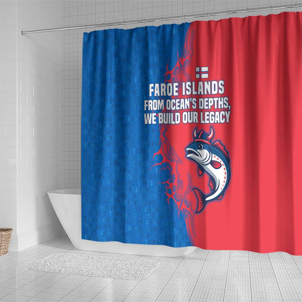 Faroe Islands Shower Curtain with Viking Fish Illustration Red Blue Runic Design - Wonder Print Shop