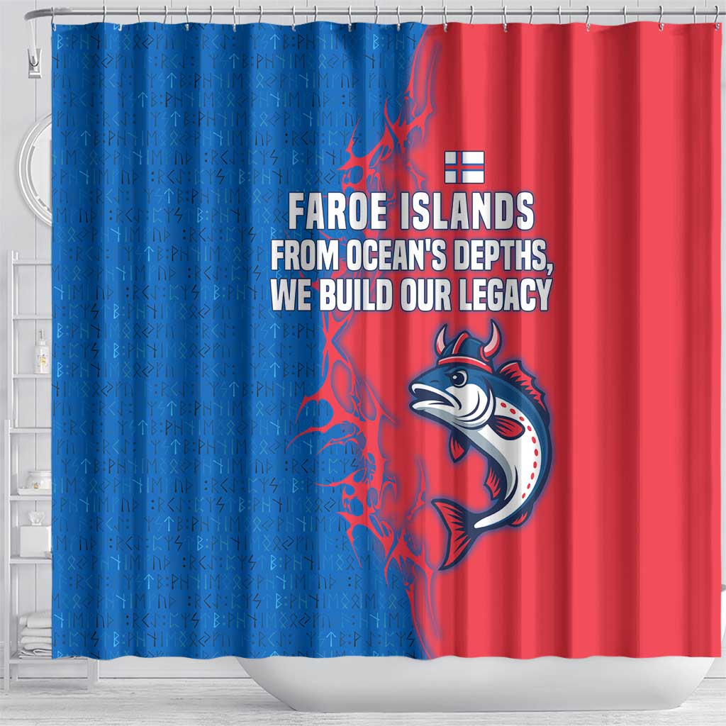 Faroe Islands Shower Curtain with Viking Fish Illustration Red Blue Runic Design - Wonder Print Shop