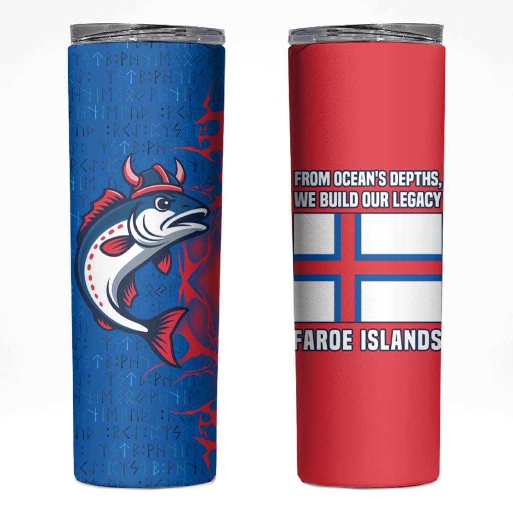 Faroe Islands Skinny Tumbler with Viking Fish Illustration Red Blue Runic Design - Wonder Print Shop