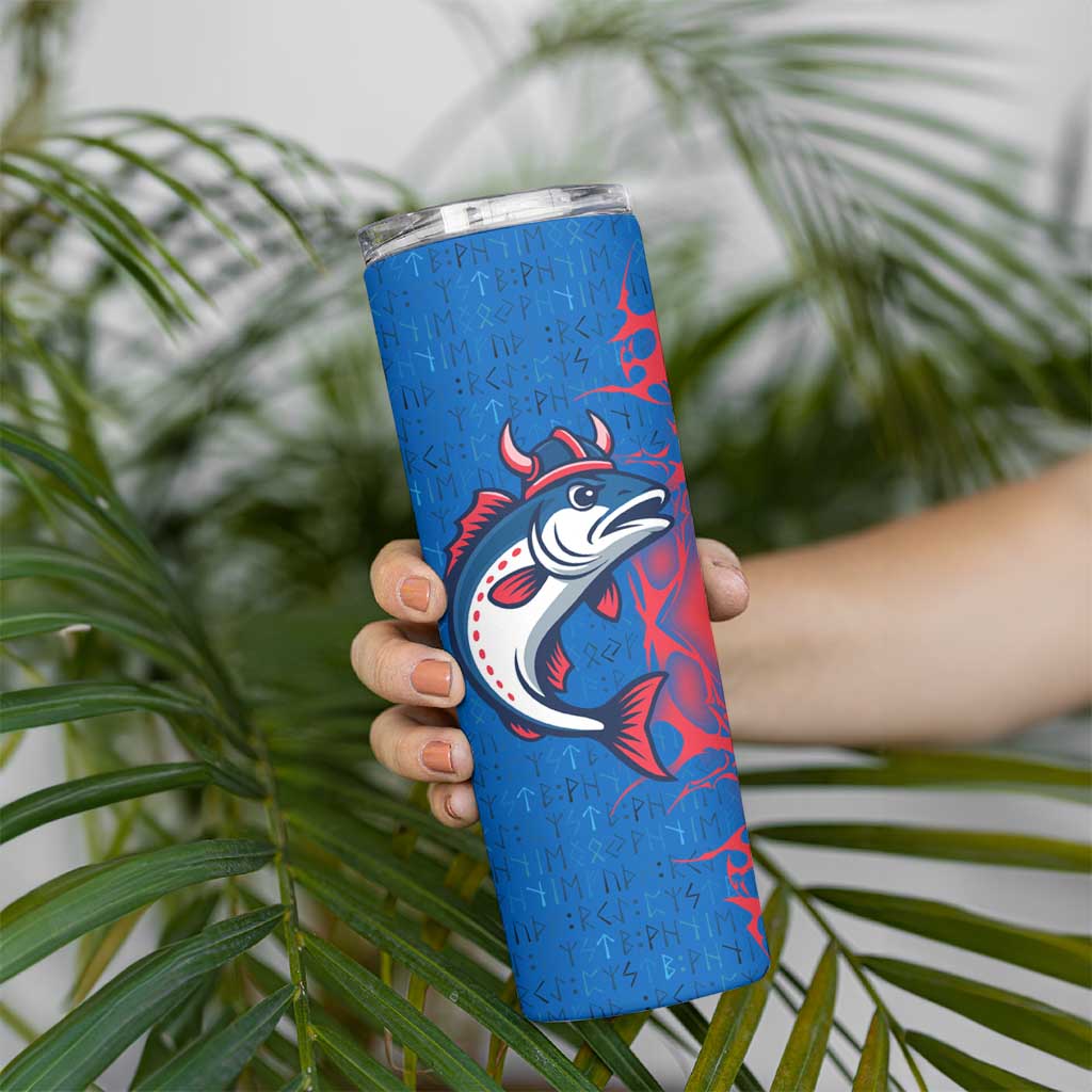 Faroe Islands Skinny Tumbler with Viking Fish Illustration Red Blue Runic Design - Wonder Print Shop