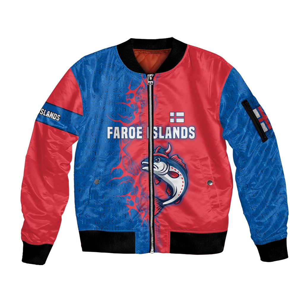 Faroe Islands Sleeve Zip Bomber Jacket with Viking Fish Illustration Red Blue Runic Design - Wonder Print Shop