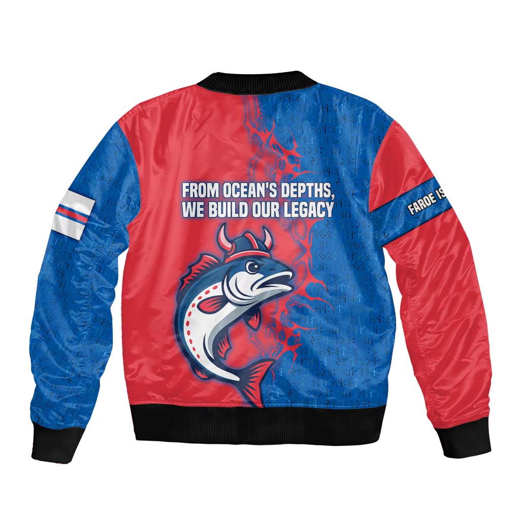 Faroe Islands Sleeve Zip Bomber Jacket with Viking Fish Illustration Red Blue Runic Design - Wonder Print Shop
