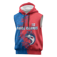 Faroe Islands Sleeveless Hoodie with Viking Fish Illustration Red Blue Runic Design - Wonder Print Shop