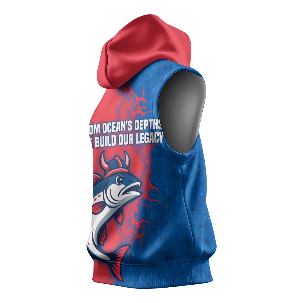 Faroe Islands Sleeveless Hoodie with Viking Fish Illustration Red Blue Runic Design - Wonder Print Shop