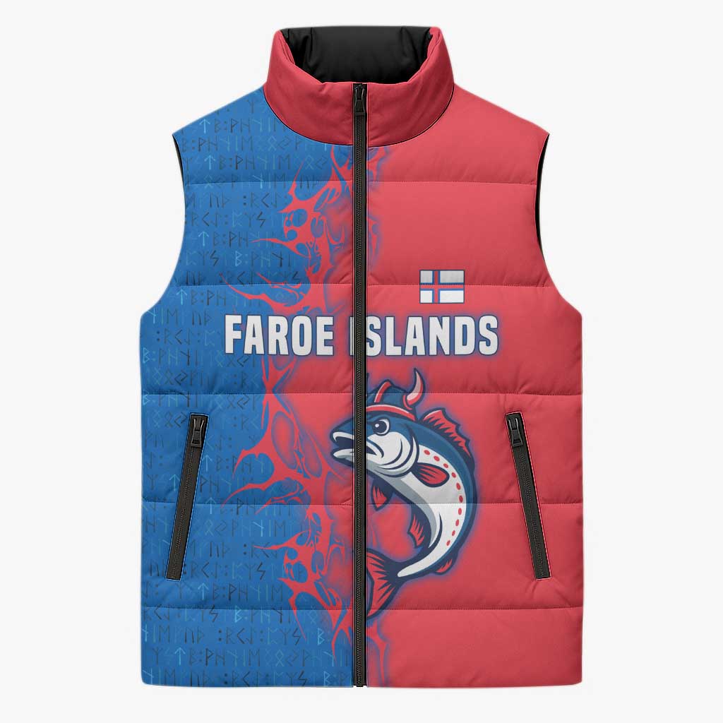 Faroe Islands Sleeveless Puffer Jacket with Viking Fish Illustration Red Blue Runic Design - Wonder Print Shop