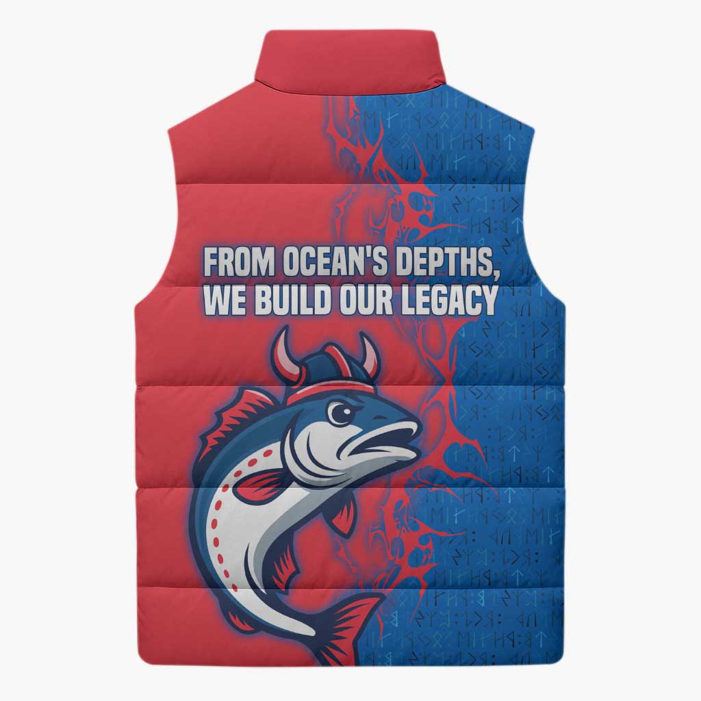 Faroe Islands Sleeveless Puffer Jacket with Viking Fish Illustration Red Blue Runic Design - Wonder Print Shop