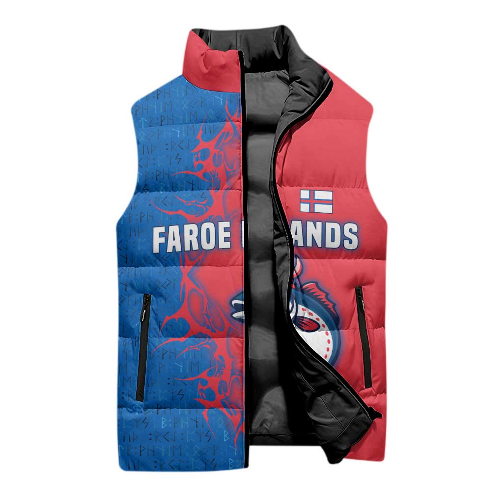 Faroe Islands Sleeveless Puffer Jacket with Viking Fish Illustration Red Blue Runic Design - Wonder Print Shop