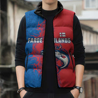 Faroe Islands Sleeveless Puffer Jacket with Viking Fish Illustration Red Blue Runic Design - Wonder Print Shop
