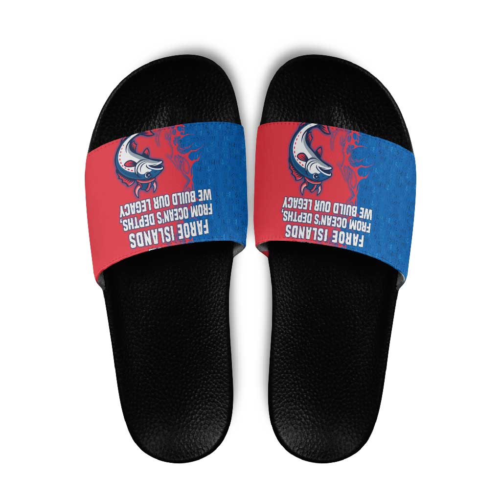 Faroe Islands Slide Sandals with Viking Fish Illustration Red Blue Runic Design - Wonder Print Shop