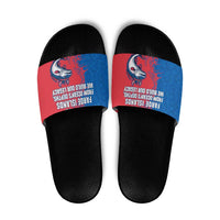 Faroe Islands Slide Sandals with Viking Fish Illustration Red Blue Runic Design - Wonder Print Shop