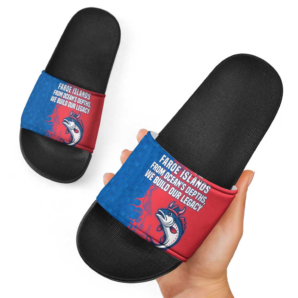 Faroe Islands Slide Sandals with Viking Fish Illustration Red Blue Runic Design - Wonder Print Shop