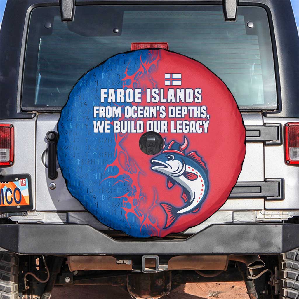 Faroe Islands Spare Tire Cover with Viking Fish Illustration Red Blue Runic Design - Wonder Print Shop