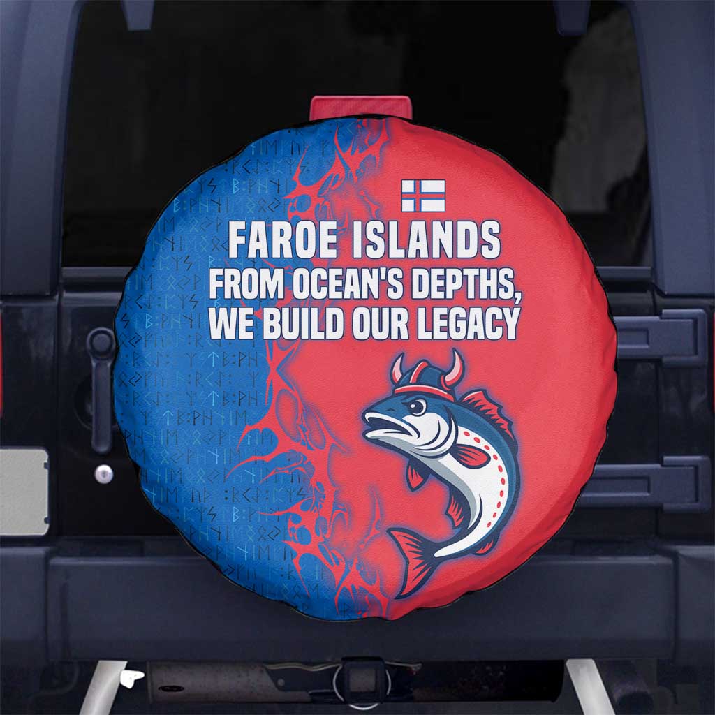 Faroe Islands Spare Tire Cover with Viking Fish Illustration Red Blue Runic Design - Wonder Print Shop