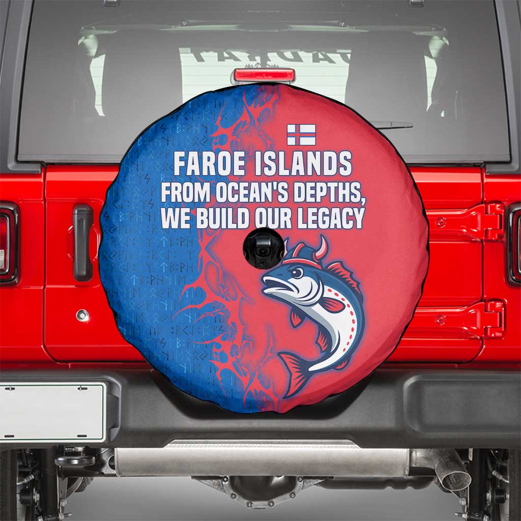 Faroe Islands Spare Tire Cover with Viking Fish Illustration Red Blue Runic Design - Wonder Print Shop