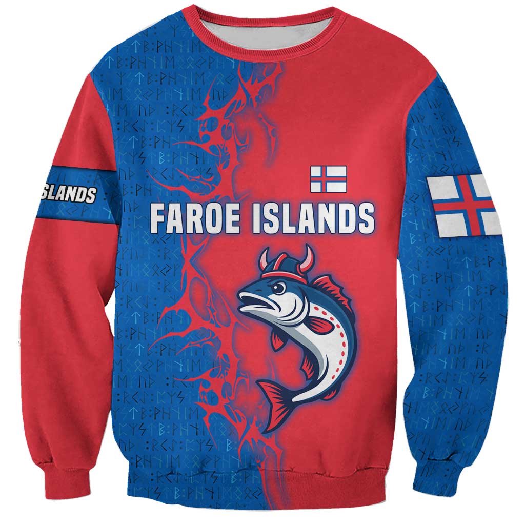 Faroe Islands Sweatshirt with Viking Fish Illustration Red Blue Runic Design - Wonder Print Shop