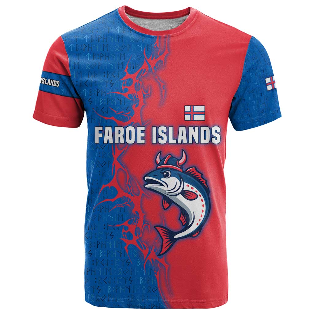 Faroe Islands T Shirt with Viking Fish Illustration Red Blue Runic Design - Wonder Print Shop