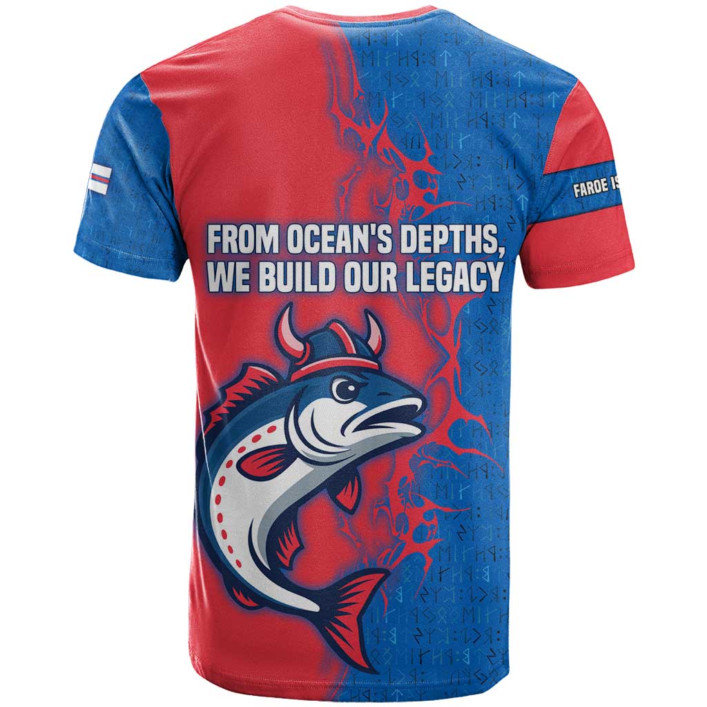 Faroe Islands T Shirt with Viking Fish Illustration Red Blue Runic Design - Wonder Print Shop