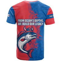 Faroe Islands T Shirt with Viking Fish Illustration Red Blue Runic Design - Wonder Print Shop
