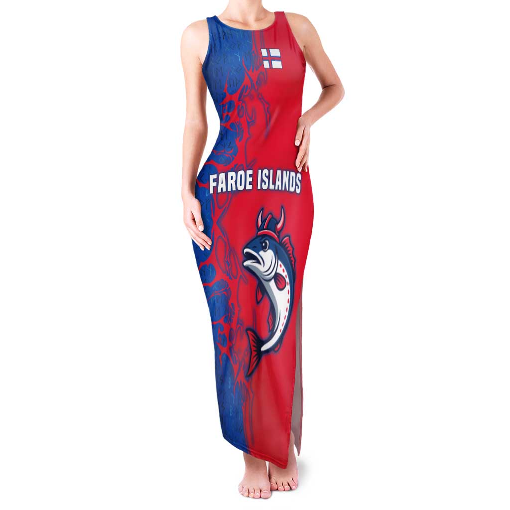 Faroe Islands Tank Maxi Dress with Viking Fish Illustration Red Blue Runic Design - Wonder Print Shop