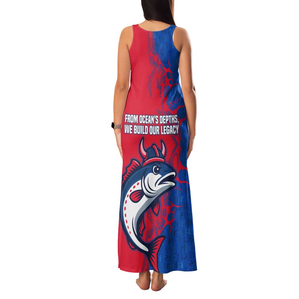 Faroe Islands Tank Maxi Dress with Viking Fish Illustration Red Blue Runic Design - Wonder Print Shop