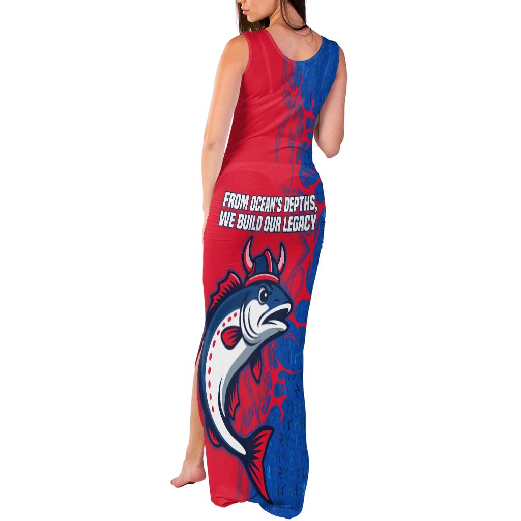 Faroe Islands Tank Maxi Dress with Viking Fish Illustration Red Blue Runic Design - Wonder Print Shop