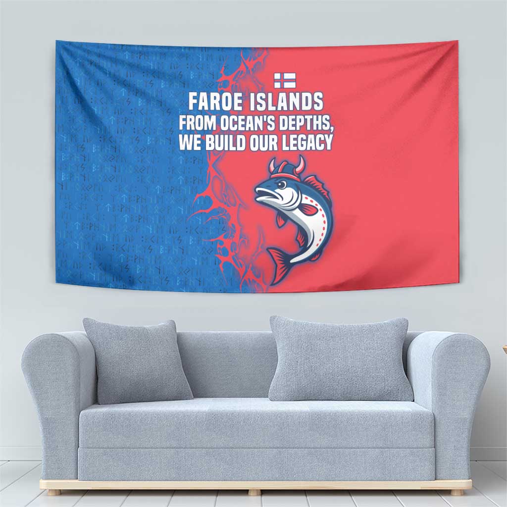 Faroe Islands Tapestry with Viking Fish Illustration Red Blue Runic Design - Wonder Print Shop