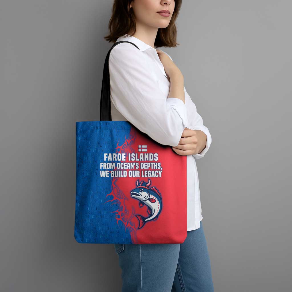 Faroe Islands Tote Bag with Viking Fish Illustration Red Blue Runic Design - Wonder Print Shop