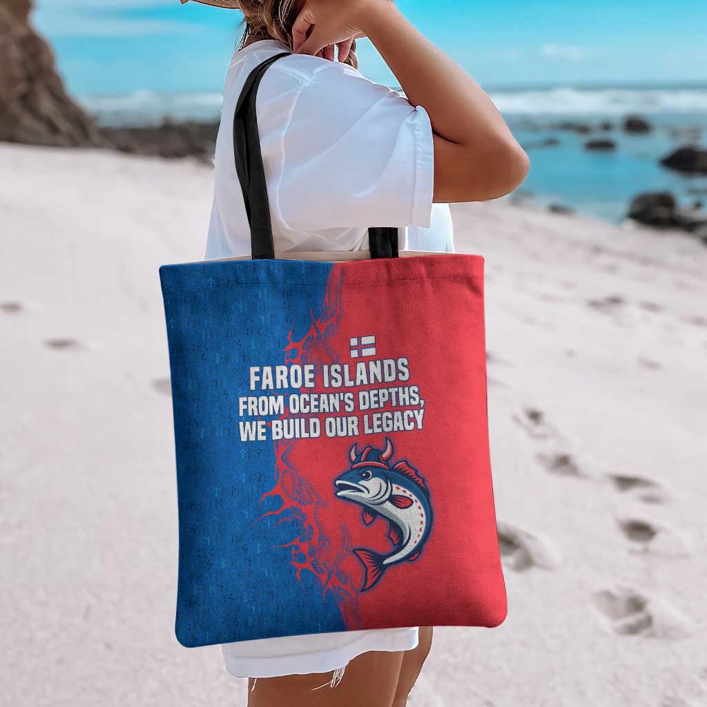 Faroe Islands Tote Bag with Viking Fish Illustration Red Blue Runic Design - Wonder Print Shop