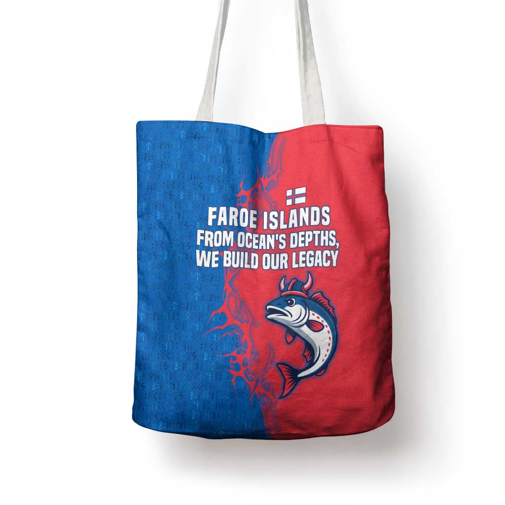 Faroe Islands Tote Bag with Viking Fish Illustration Red Blue Runic Design - Wonder Print Shop