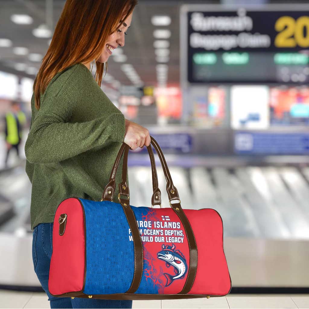 Faroe Islands Travel Bag with Viking Fish Illustration Red Blue Runic Design - Wonder Print Shop