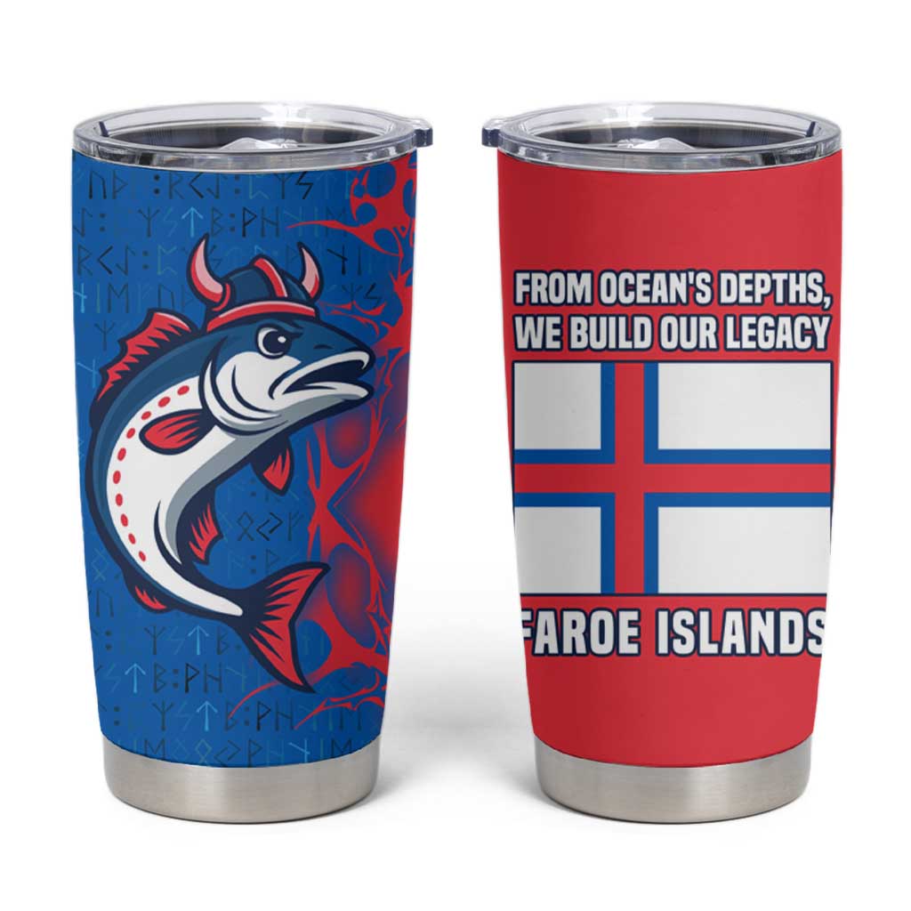Faroe Islands Tumbler Cup with Viking Fish Illustration Red Blue Runic Design - Wonder Print Shop