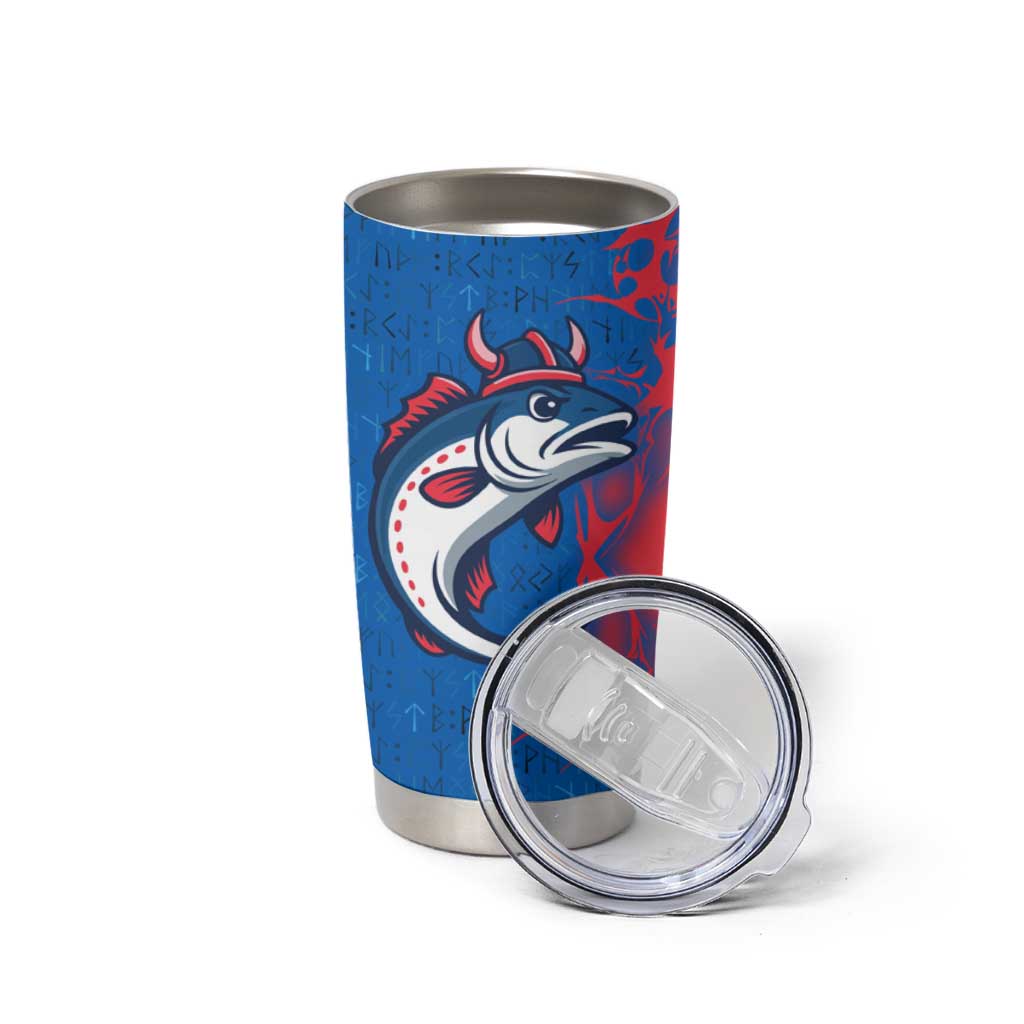 Faroe Islands Tumbler Cup with Viking Fish Illustration Red Blue Runic Design - Wonder Print Shop