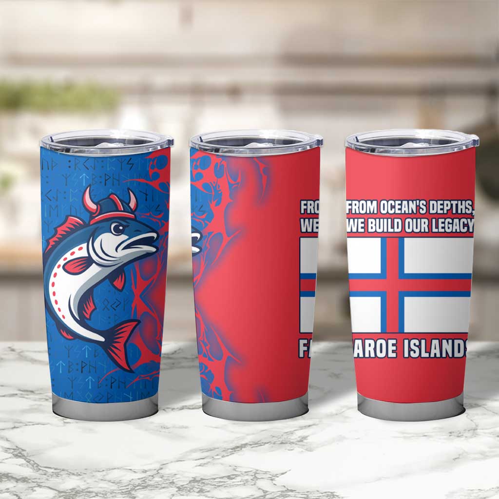 Faroe Islands Tumbler Cup with Viking Fish Illustration Red Blue Runic Design - Wonder Print Shop