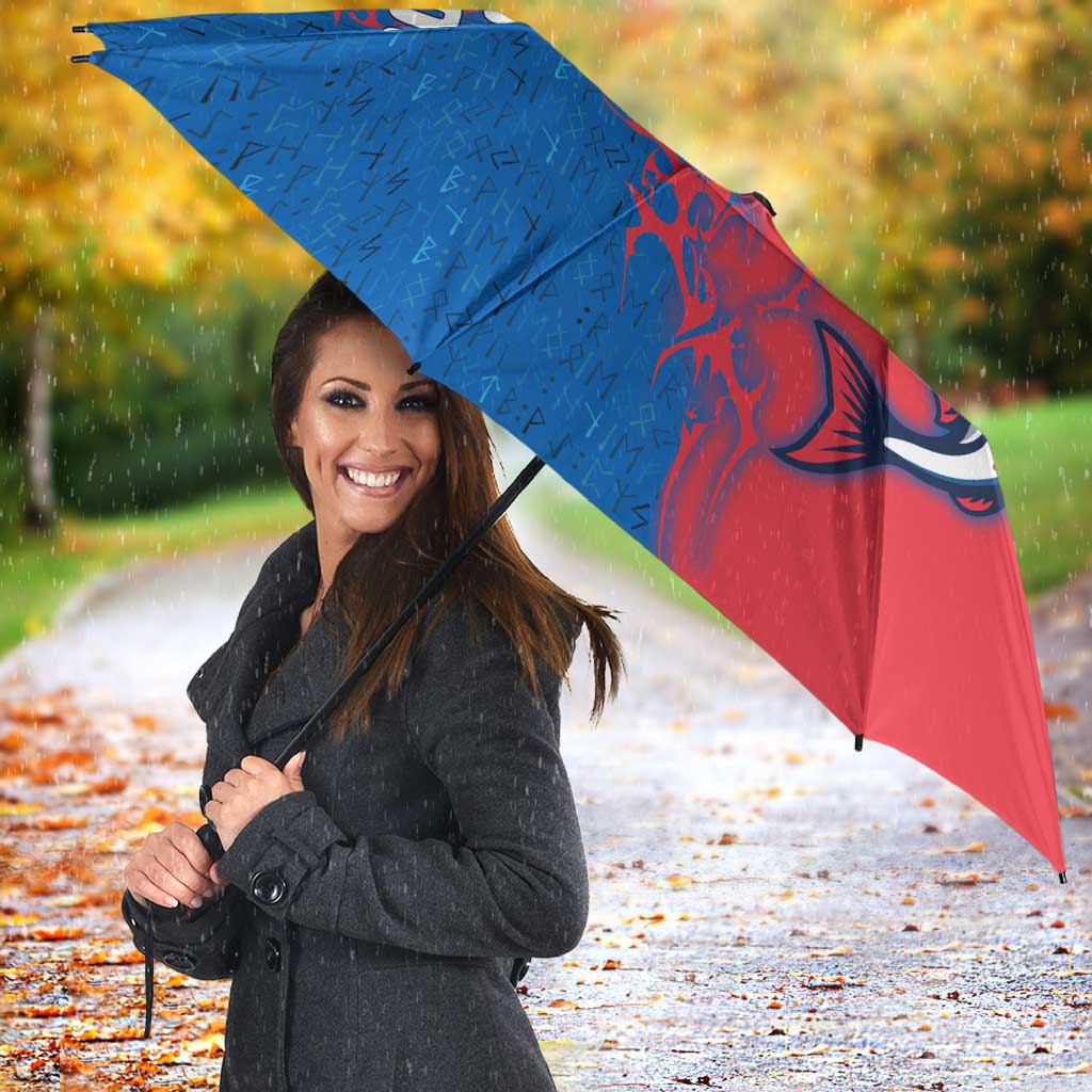 Faroe Islands Umbrella with Viking Fish Illustration Red Blue Runic Design - Wonder Print Shop