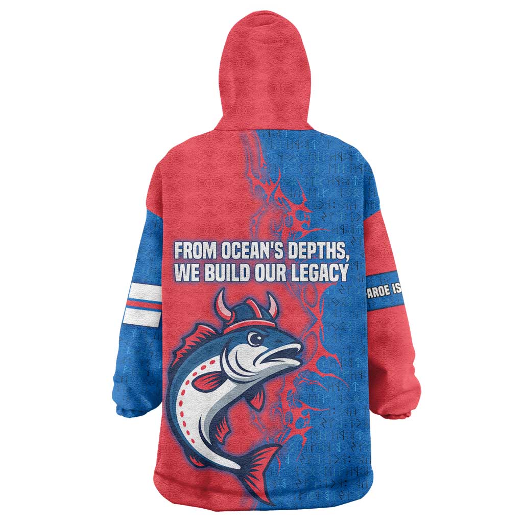 Faroe Islands Wearable Blanket Hoodie with Viking Fish Illustration Red Blue Runic Design - Wonder Print Shop