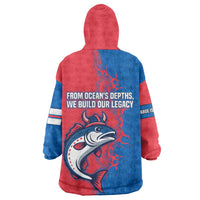 Faroe Islands Wearable Blanket Hoodie with Viking Fish Illustration Red Blue Runic Design - Wonder Print Shop