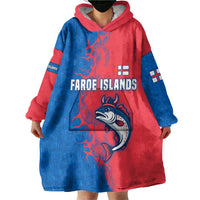 Faroe Islands Wearable Blanket Hoodie with Viking Fish Illustration Red Blue Runic Design - Wonder Print Shop