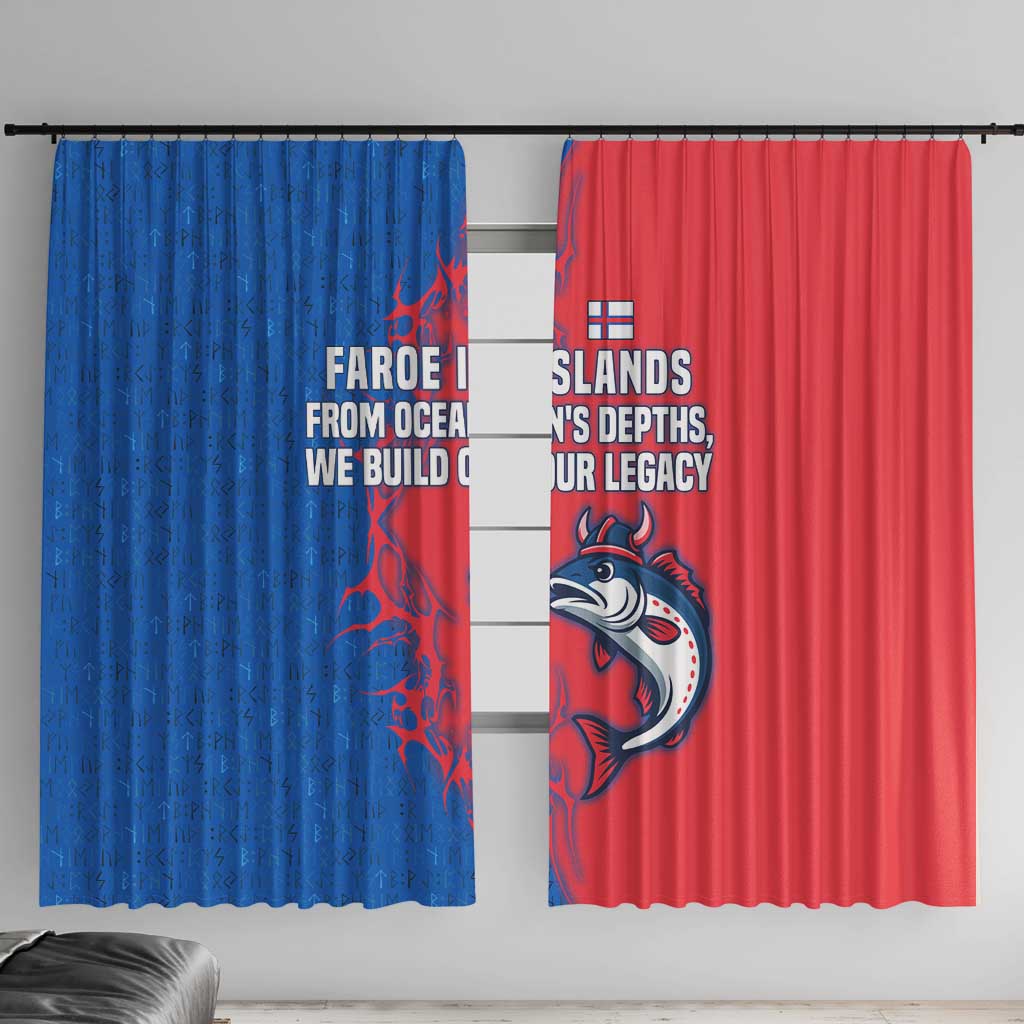 Faroe Islands Window Curtain with Viking Fish Illustration Red Blue Runic Design - Wonder Print Shop
