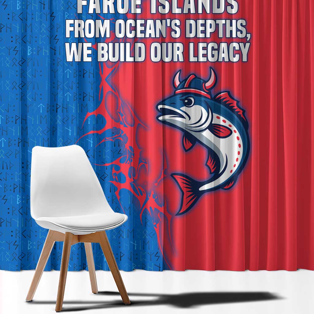 Faroe Islands Window Curtain with Viking Fish Illustration Red Blue Runic Design - Wonder Print Shop