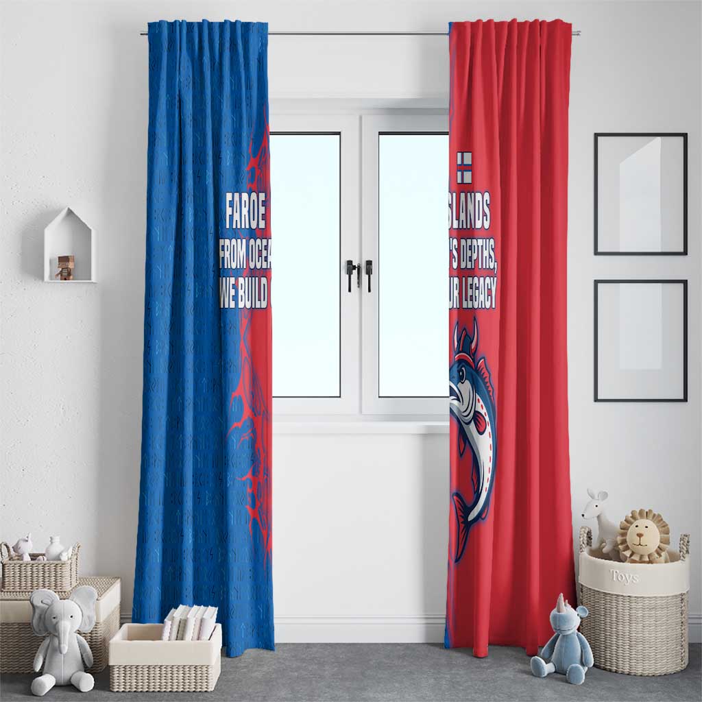 Faroe Islands Window Curtain with Viking Fish Illustration Red Blue Runic Design - Wonder Print Shop
