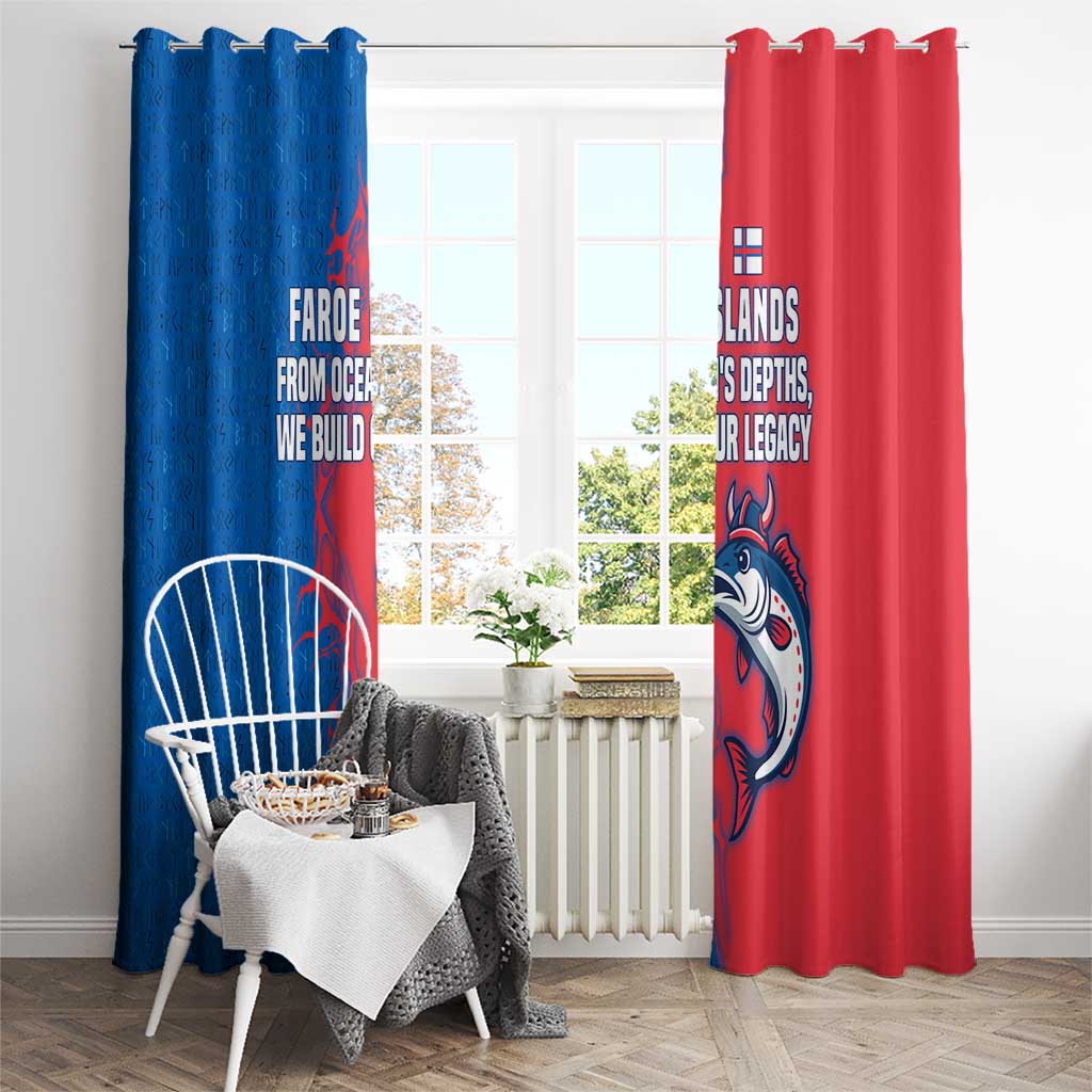 Faroe Islands Window Curtain with Viking Fish Illustration Red Blue Runic Design - Wonder Print Shop