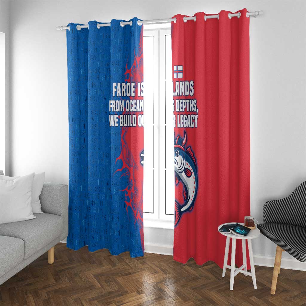 Faroe Islands Window Curtain with Viking Fish Illustration Red Blue Runic Design - Wonder Print Shop