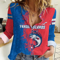 Faroe Islands Women Casual Shirt with Viking Fish Illustration Red Blue Runic Design - Wonder Print Shop