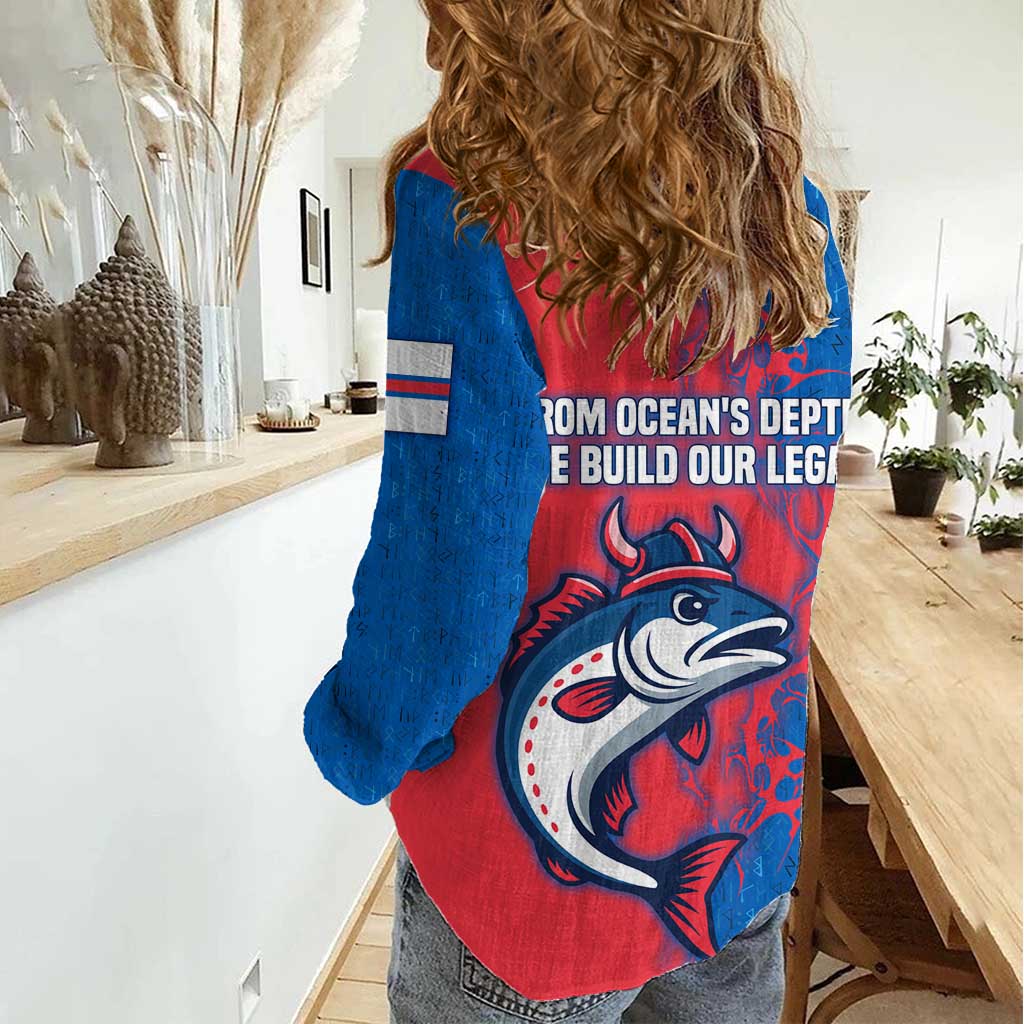 Faroe Islands Women Casual Shirt with Viking Fish Illustration Red Blue Runic Design - Wonder Print Shop