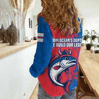 Faroe Islands Women Casual Shirt with Viking Fish Illustration Red Blue Runic Design - Wonder Print Shop