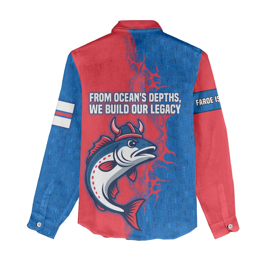 Faroe Islands Women Casual Shirt with Viking Fish Illustration Red Blue Runic Design - Wonder Print Shop